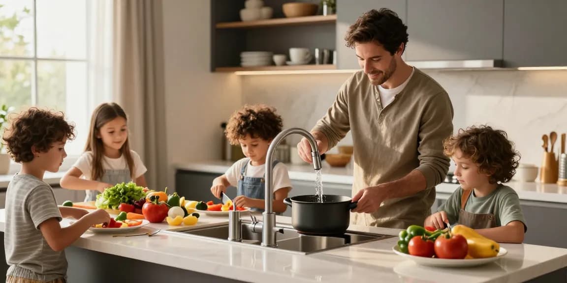 Family cooking together in a modern kitchen featuring stylish kitchen faucets and vibrant produce.