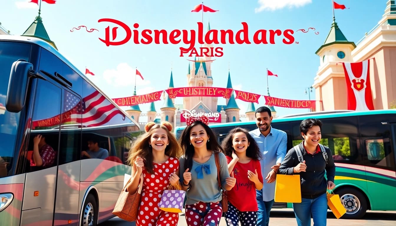 Experience Disneyland Paris airport transfer services with this vibrant family welcoming shuttle scene.
