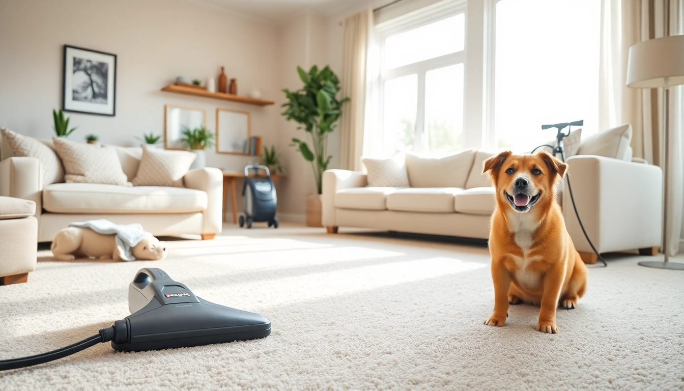 Efficient pet odor carpet cleaning in a bright living room with a happy dog and clean carpets.
