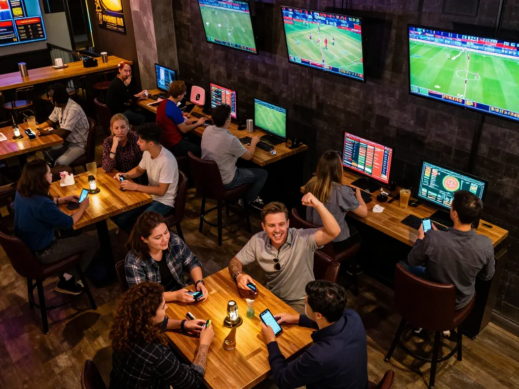 Engaging in sports betting at tg88, featuring lively patrons celebrating wins in a modern sports bar.