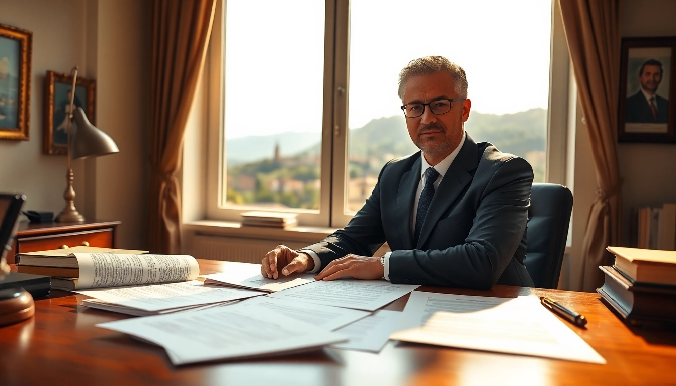 Scène professionnelle d'un traducteur assermenté italien en train de traduire des documents juridiques.