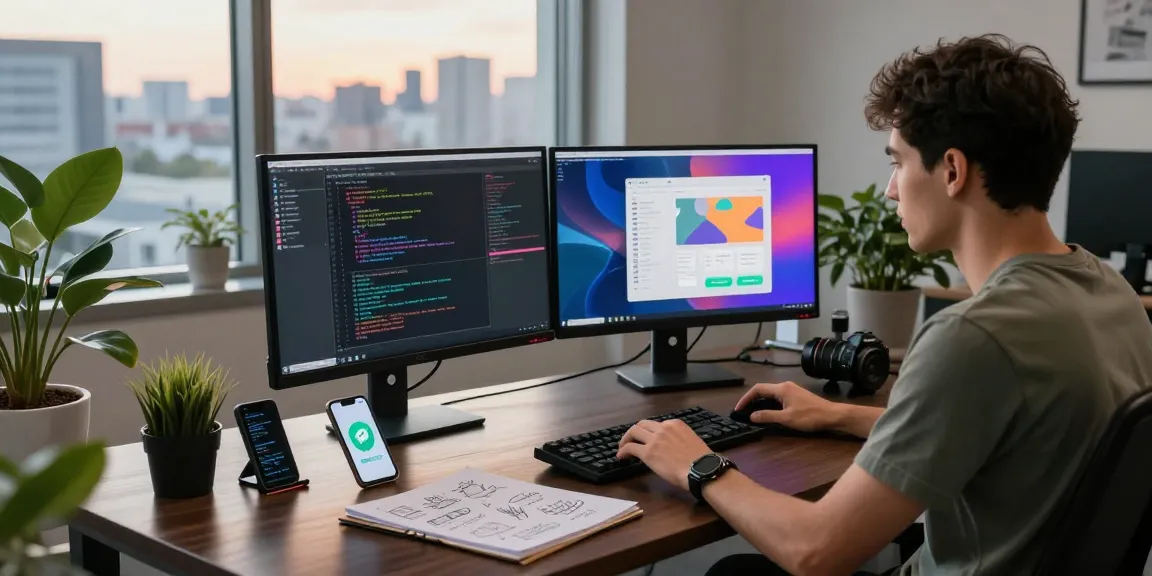 Efficient workspace showcasing 纸飞机下载 development with dual monitors, laptop, and coding elements for tech enthusiasts.