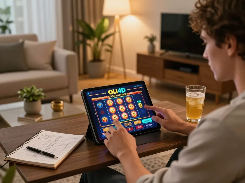 Engaging user playing OLI4D slots on a tablet, showcasing a responsible online gambling environment.