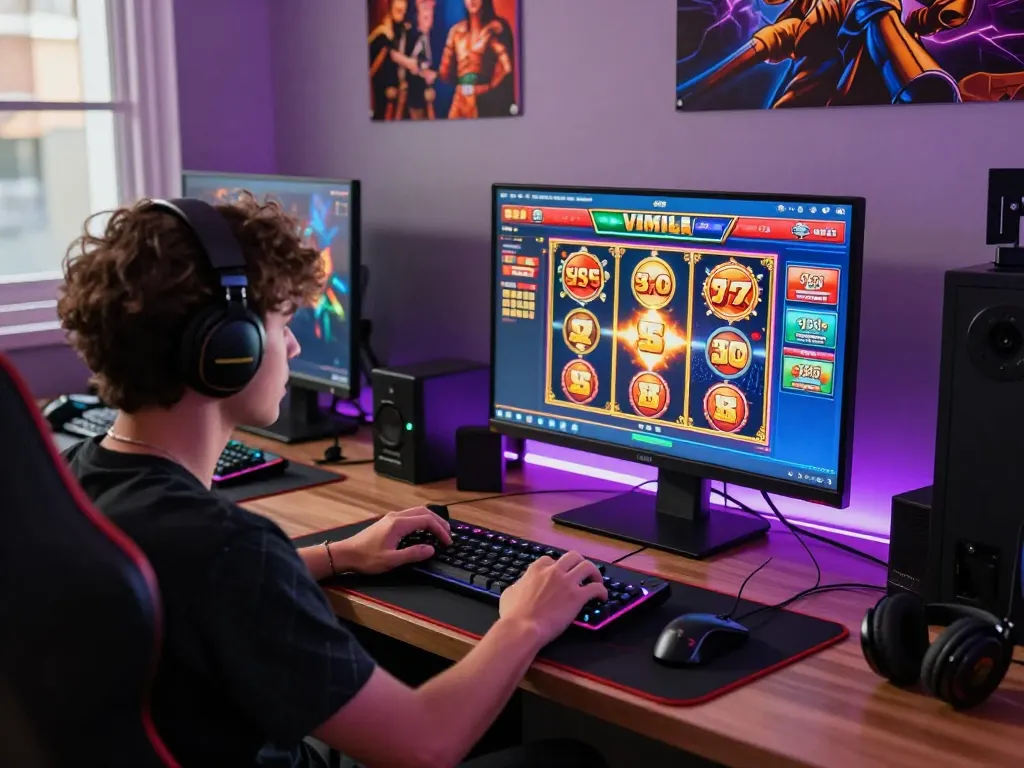 Online gamer excitedly betting on slot bet kecil with vibrant game graphics and gaming accessories.