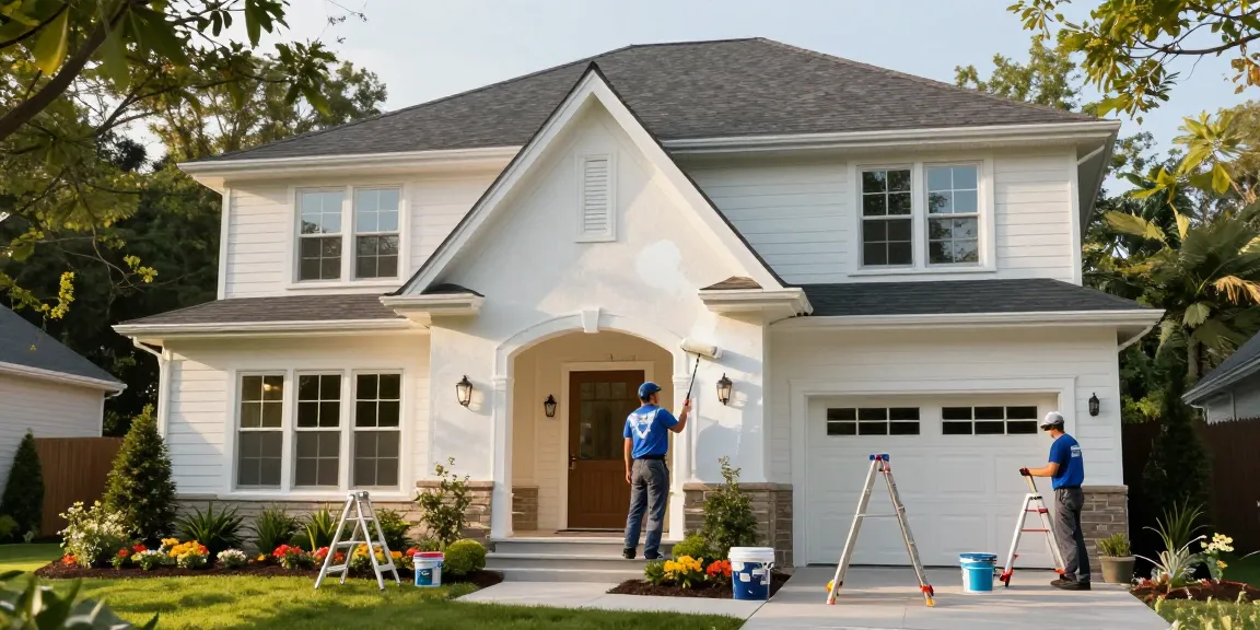 Residential painters Des Moines IA enhancing a home’s curb appeal with fresh paint during a sunny day.