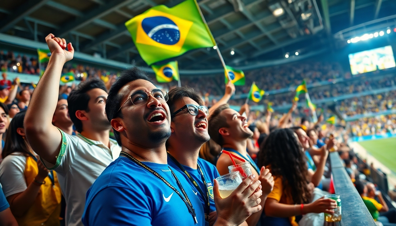 Capture the excitement of sports betting Brazil with fans cheering in a vibrant stadium setting.