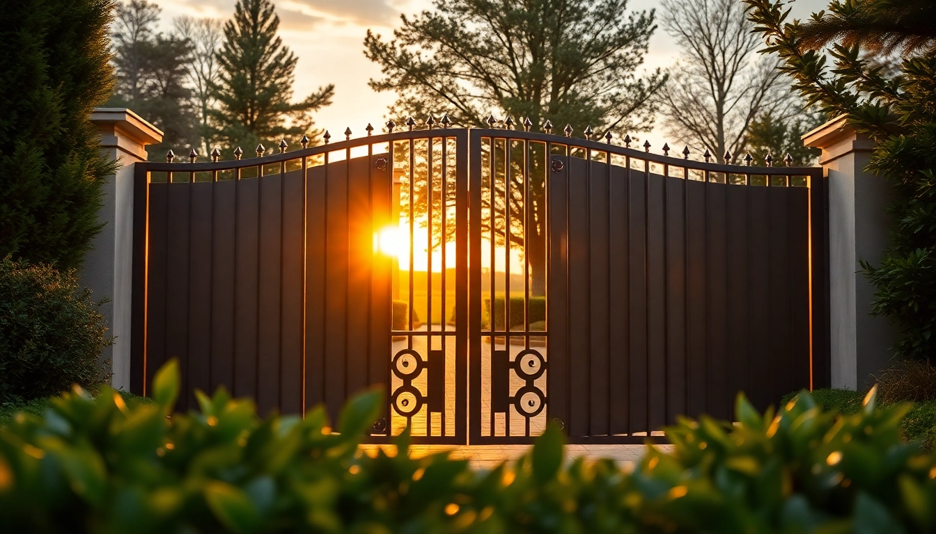 Showcasing custom steel gates amidst vibrant landscaping and a serene sunset for elegance.