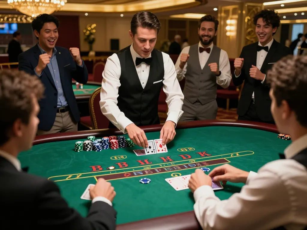 Player winning at the g28 bookmaker blackjack table amid luxury casino atmosphere.