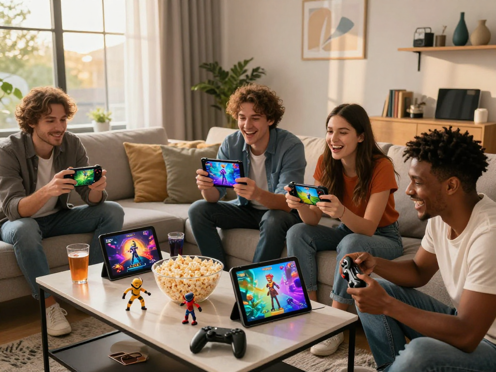 Friends playing adult games online in a vibrant living room, capturing excitement and interaction.