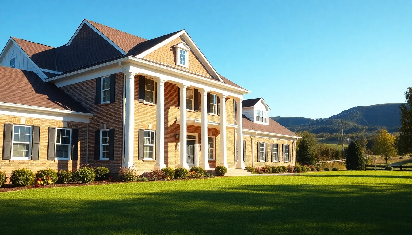 Showcasing a colonial home build with classic architecture and inviting landscape.