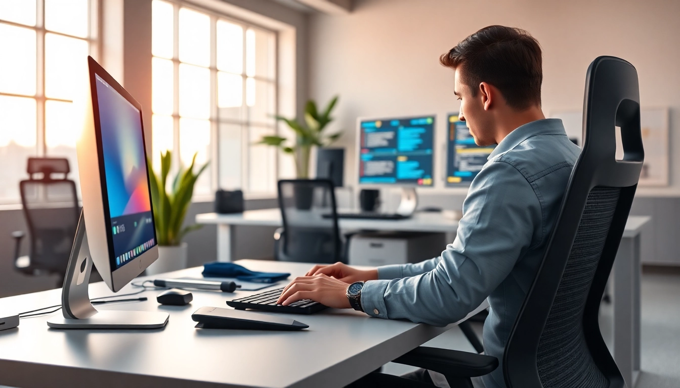 Visualize a dynamic typing center environment where a professional typist enhances productivity with modern technology.