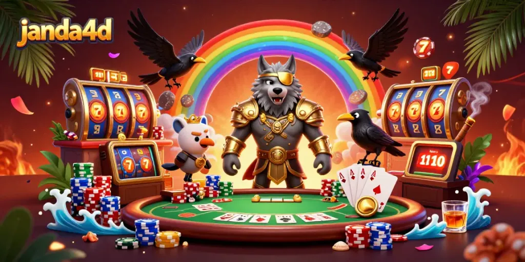 Slot online JANDA4D menampilkan Odin dan burung gagak di jembatan chip kasino.