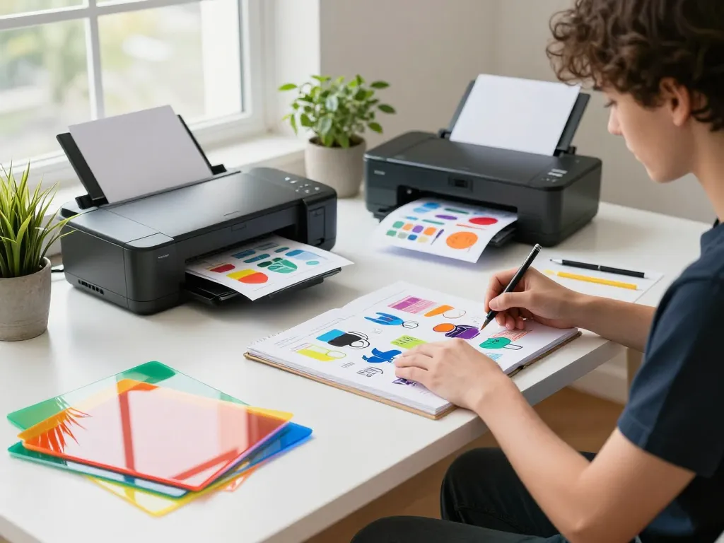 Designer creating custom acrylic stand showcasing vibrant colors and designs in a bright workspace.