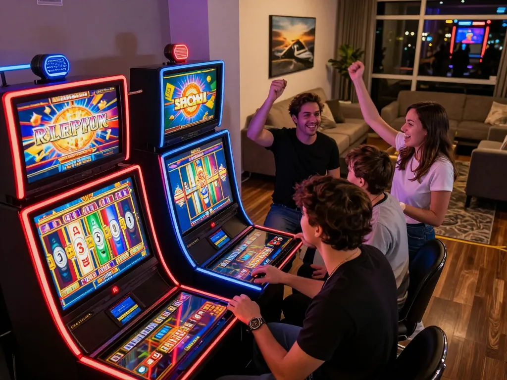Excited players spinning slots at SC88 online casino, celebrating wins in a vibrant home setting.