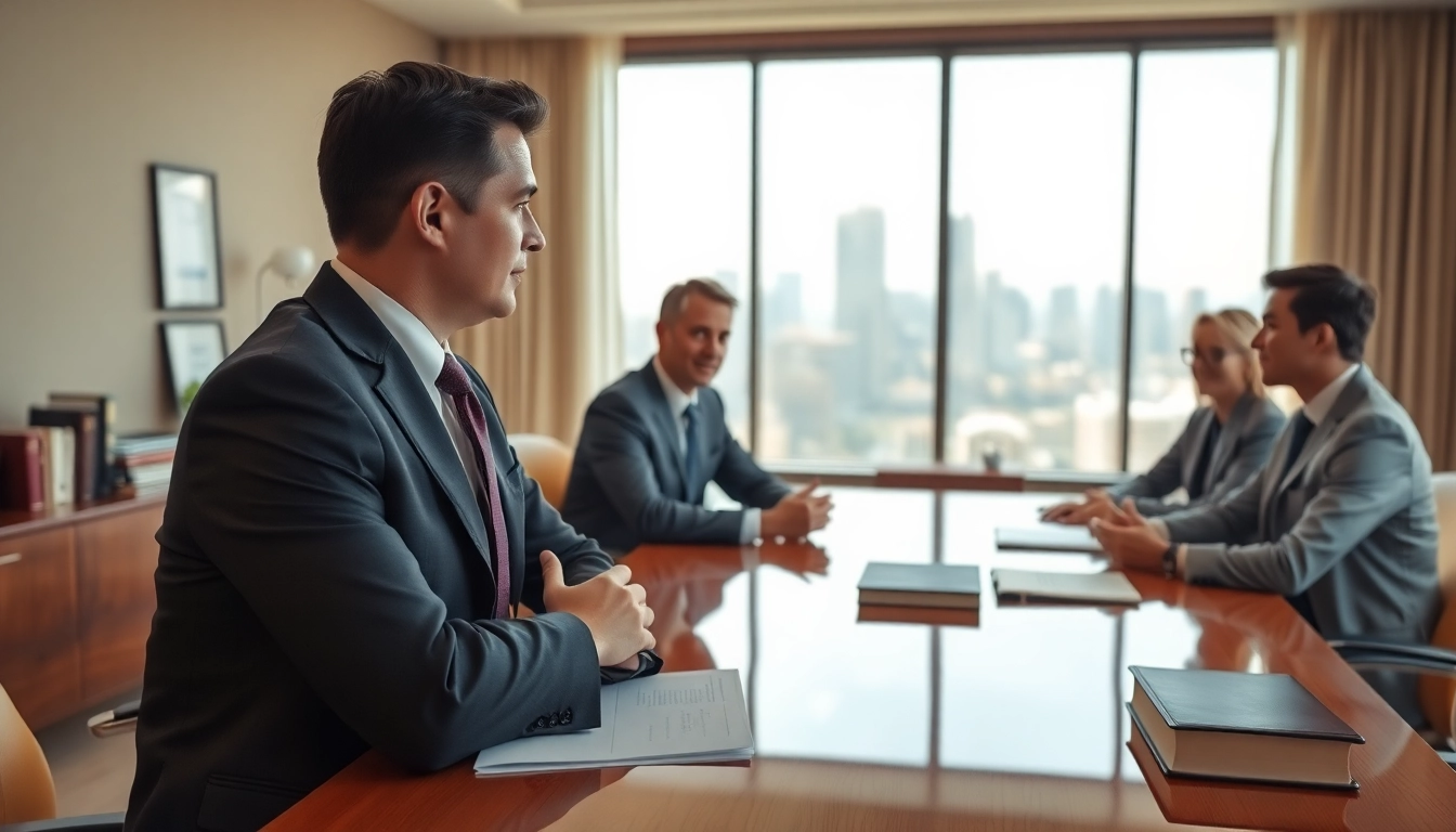 Eminent domain lawyer consulting clients in a professional office setting.
