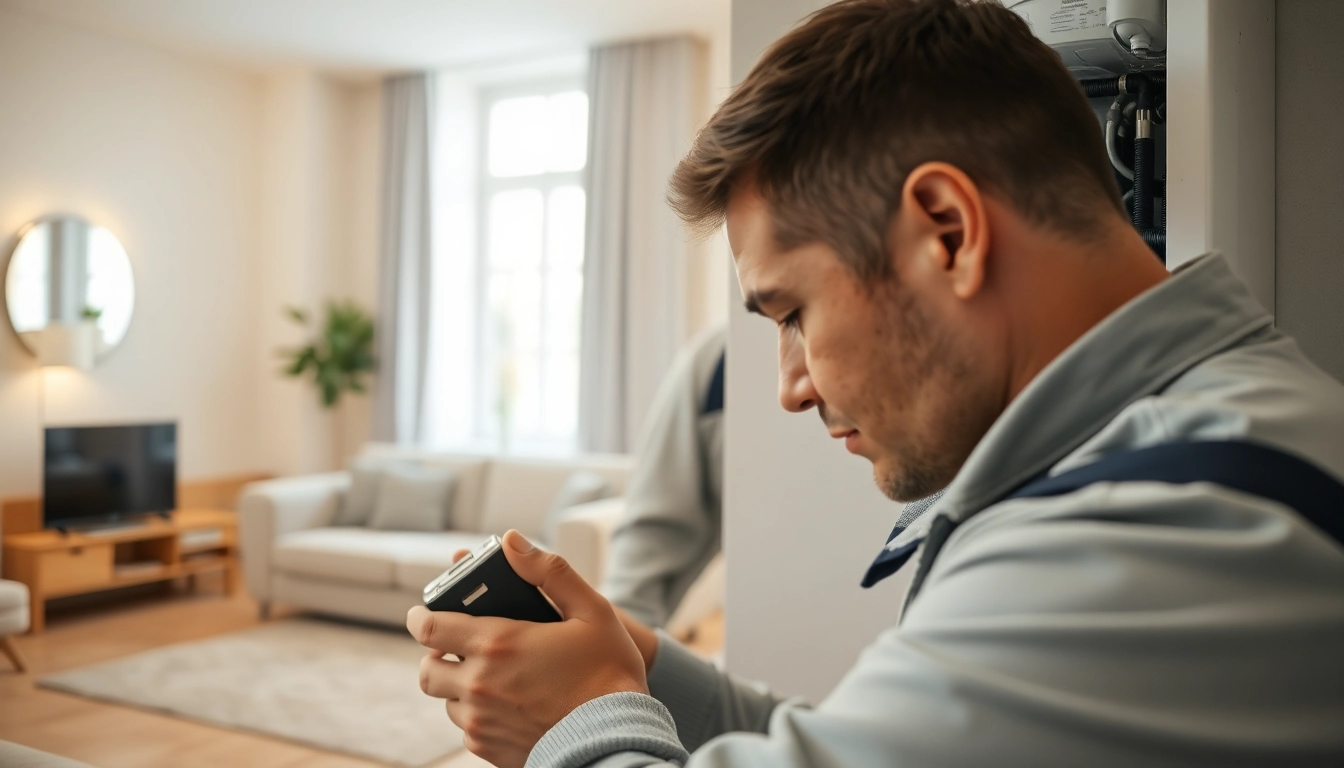 Gas engineer bristol expertly fixing heating systems in a bright, modern living room.