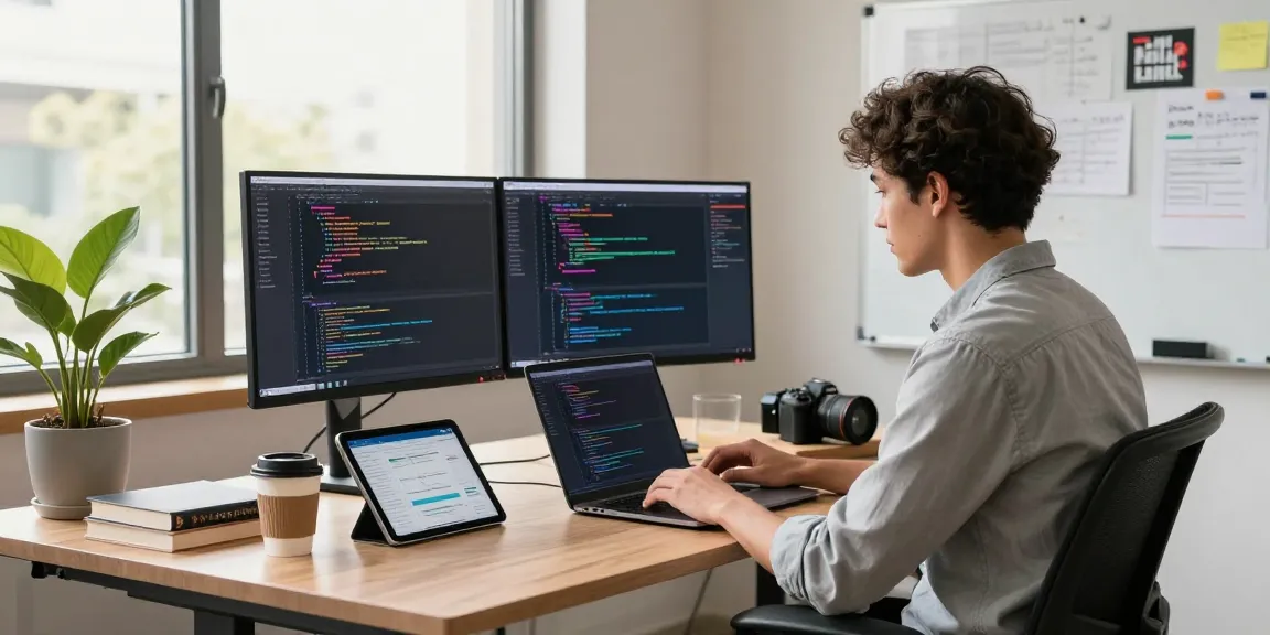 Office workspace with a developer coding, reflecting the 纸飞机官网 in a productive tech environment.