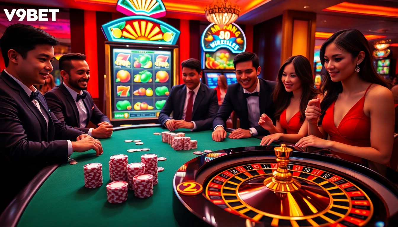 Experience V9bet with vibrant casino tables and excited gamblers in a luxurious gambling setting.