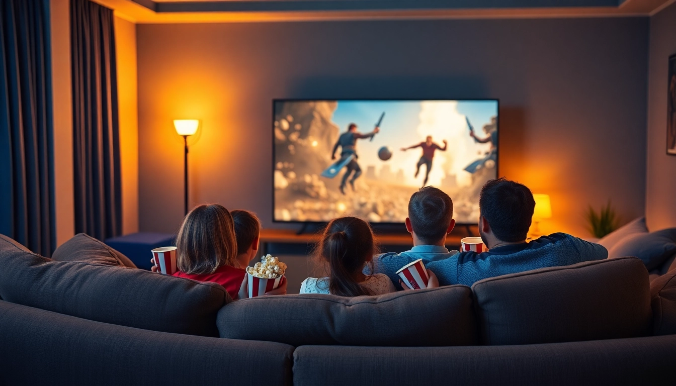 Enjoying a thrilling หนังออนไลน์ movie night with family in a cozy home theater setting.