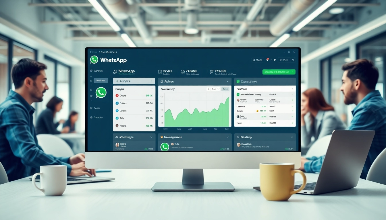 Engage with the WhatsApp Business API through a dynamic office environment showcasing analytics.