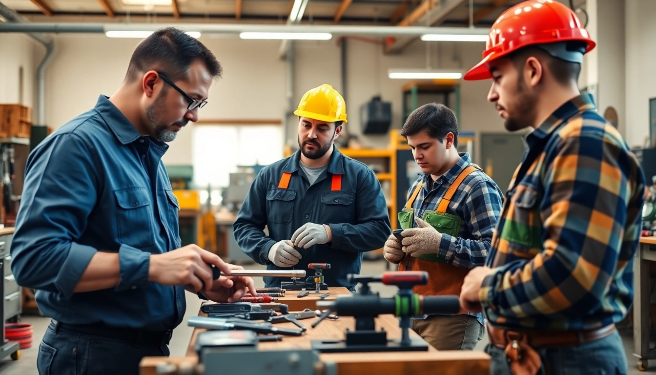 Engaged students participating in skilled trades training with tools in a workshop setting.