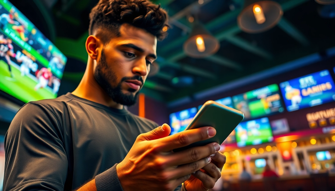 Engaging scene of a user placing bets using the best sports betting apps India in a lively sports bar setting.