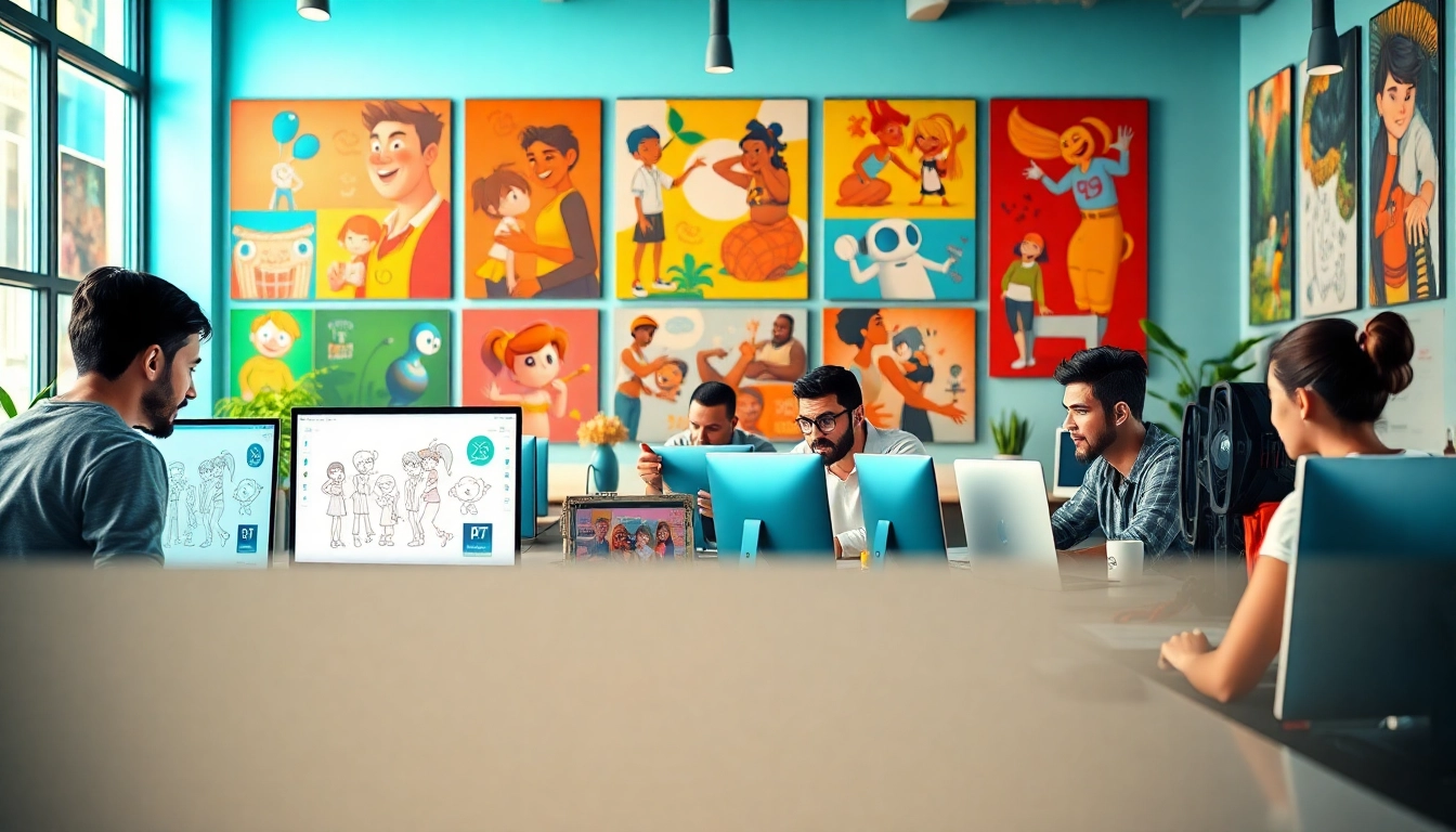 Animationsagentur kreative Teamarbeit in einem modernen Studio mit digitalen Skizzen.