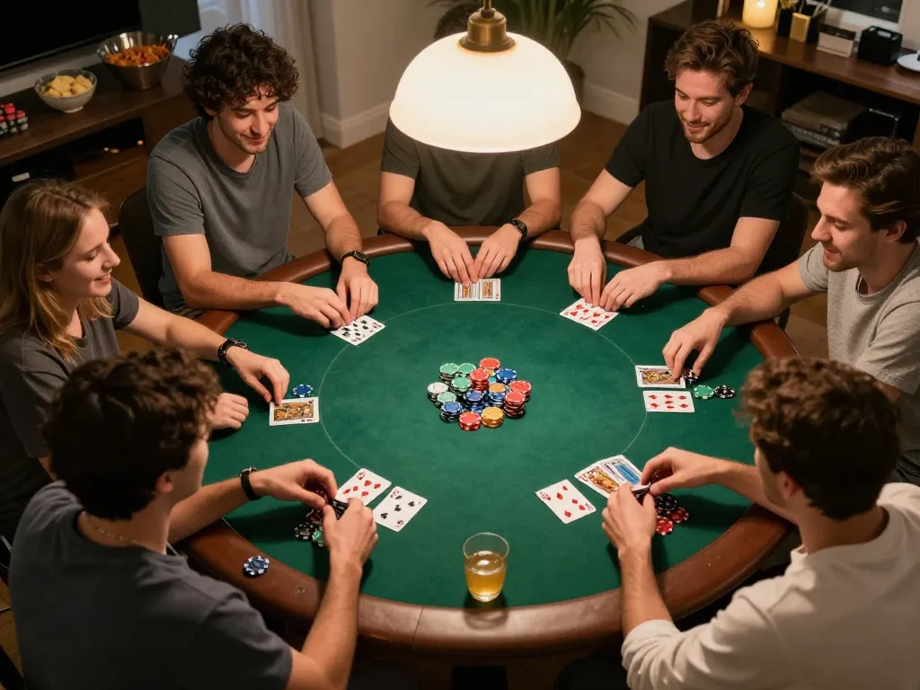 Teman-teman terlibat dalam permainan poker yang mendebarkan di rumah, menunjukkan kegembiraan dalam permainan link gacor.