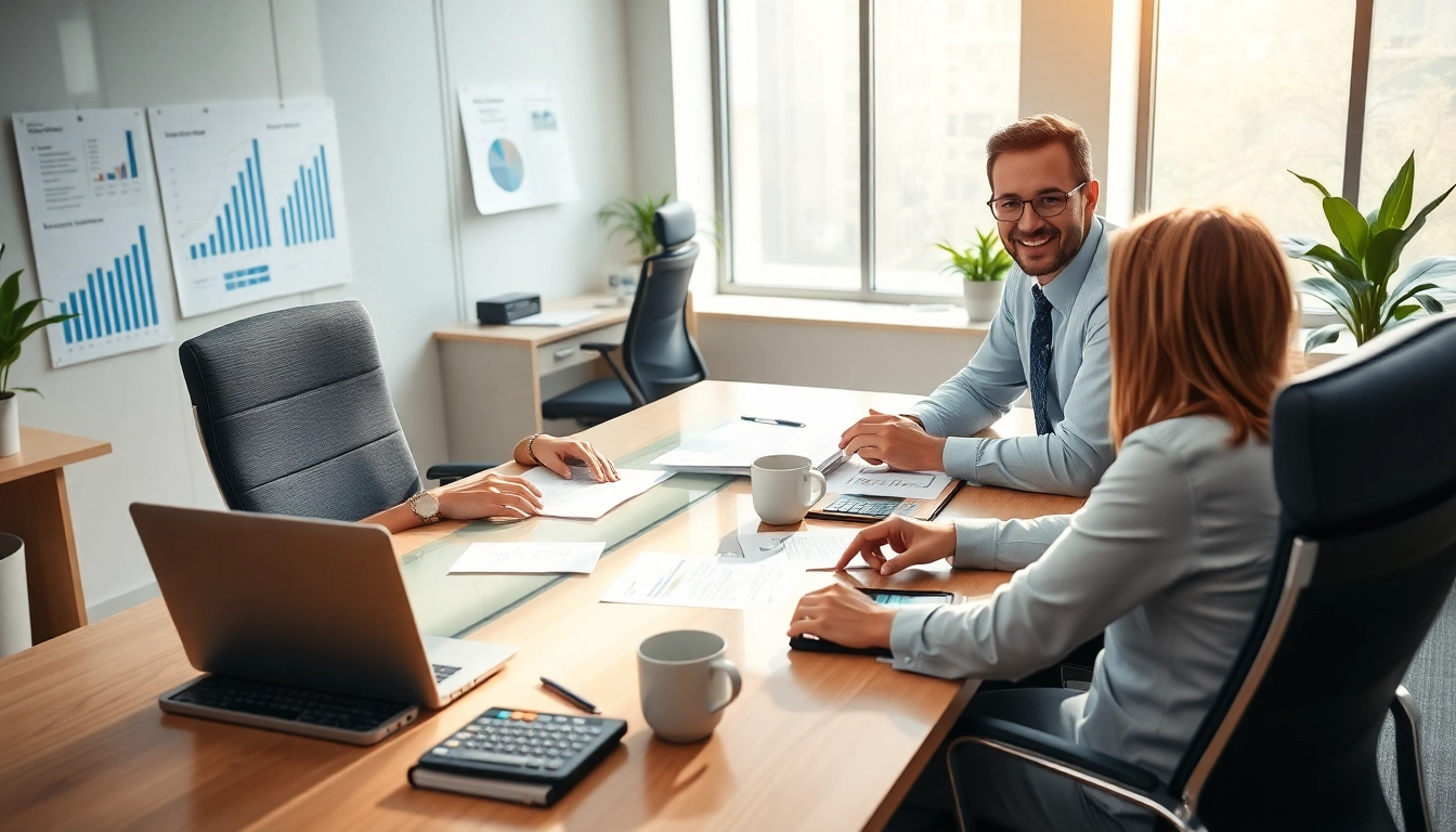 Superfund accountant assisting clients in a modern office environment with financial documents.