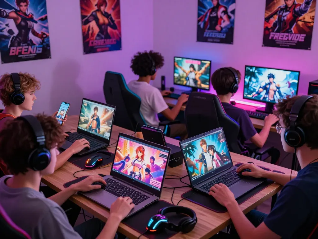 Players immersed in free sex games across devices in a vibrant, inviting gaming space.