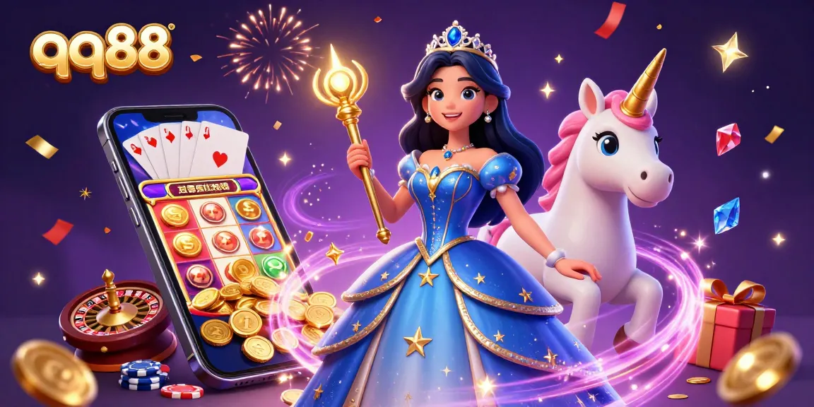Engage with qq88 in a magical casino scene featuring vibrant games, gems, and festive elements.