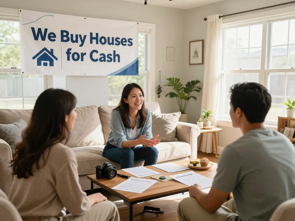 We buy houses for cash banner in a bright living room, featuring a real estate agent discussing home sale options with a couple.