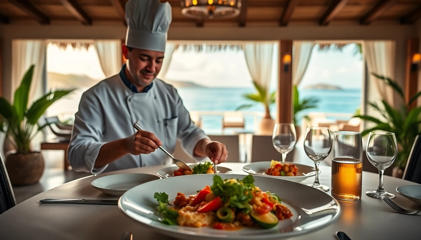 Private chef St Martin creating gourmet dishes at an elegant villa dining experience.