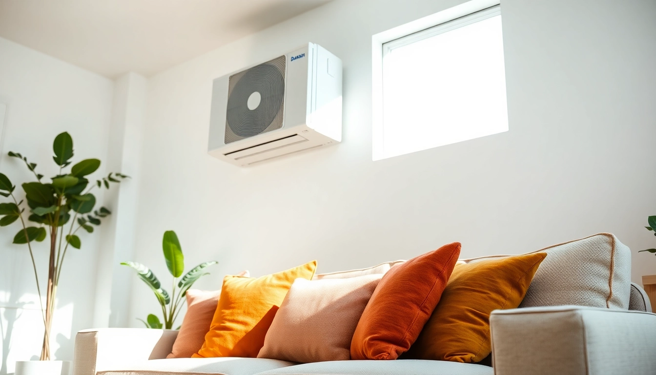 Install a Daikin mini split AC in a contemporary living room with natural light and inviting décor.