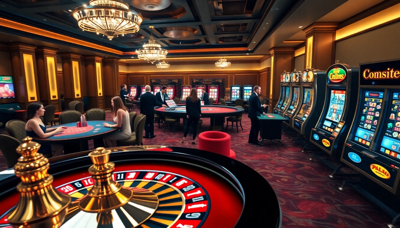 Exciting gaming scene at w88 casino showcasing roulette, poker, and slot machines.