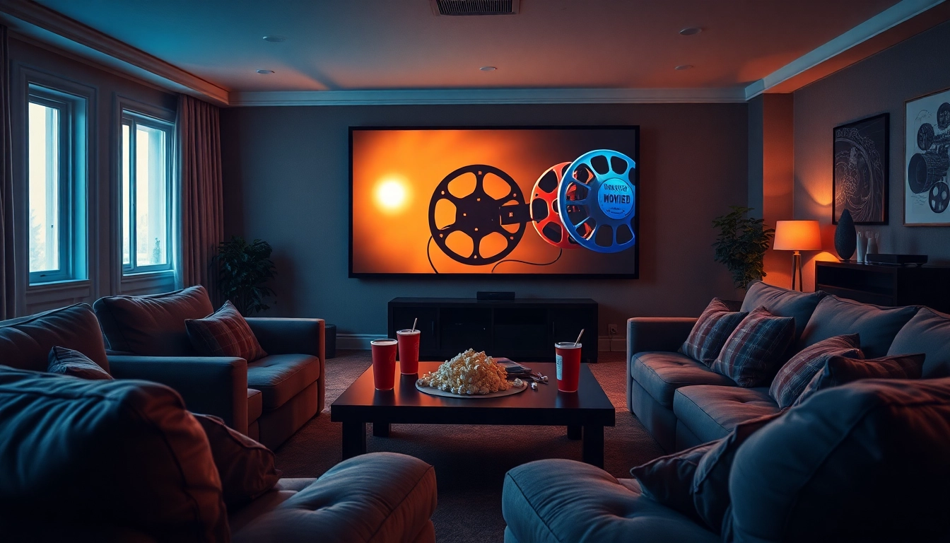ชมภาพยนตร์บน 7-hd.com ในห้องนั่งเล่นอบอุ่น มีโทรทัศน์ใหญ่และขนมปังป๊อปคอร์น