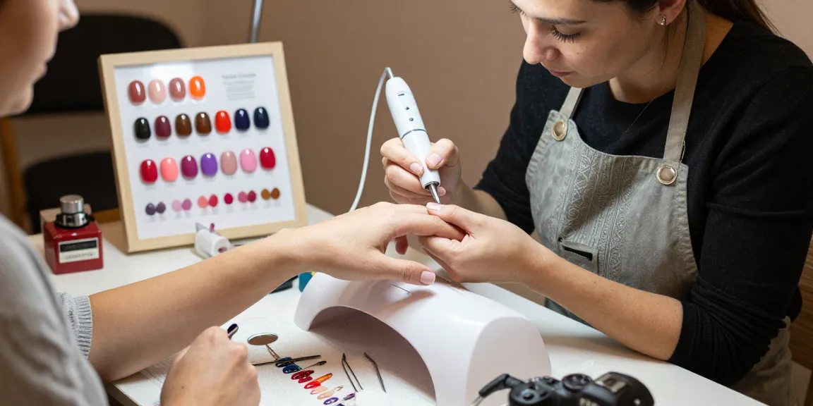 Client care primește tratament pentru unghii cu freza unghii electrica într-un salon de frumusețe elegant.