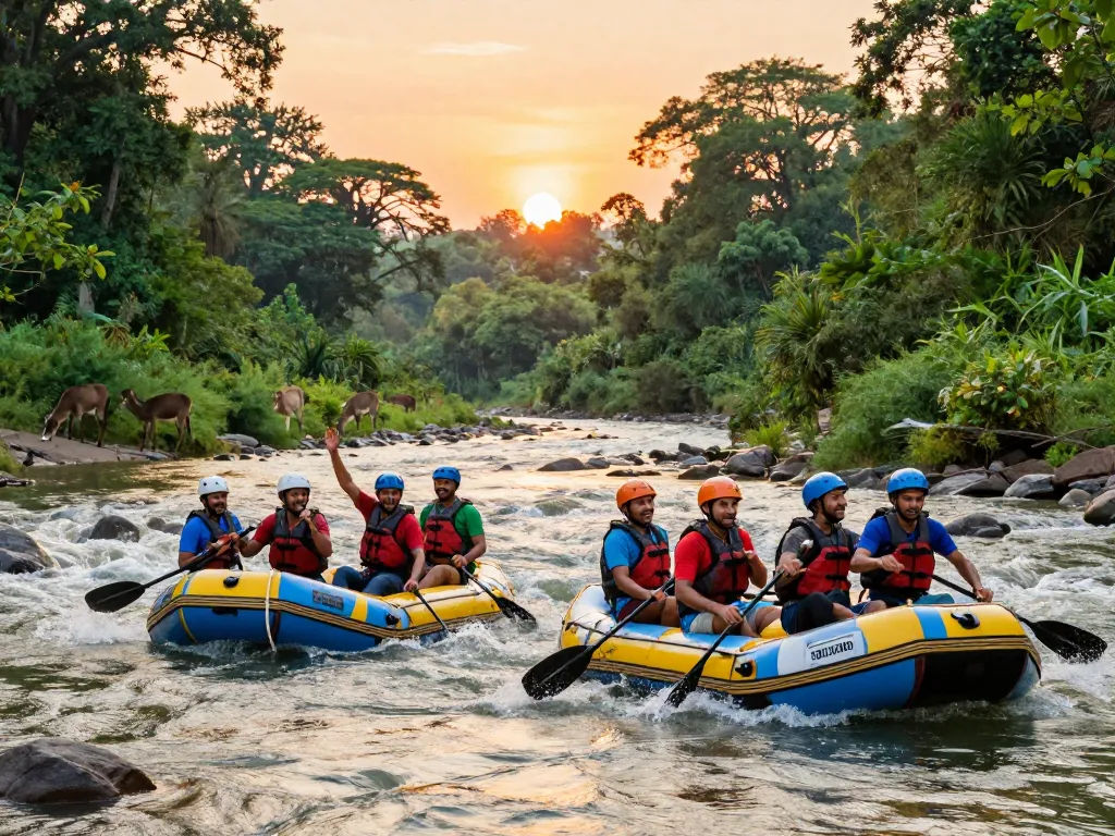 Dandeli river rafting adventure with lush scenery at sunset