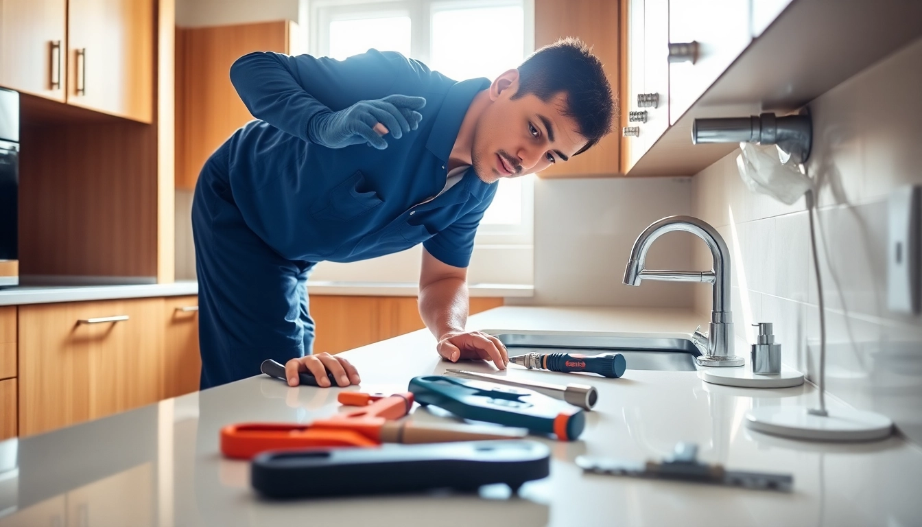 Find a skilled plumber near me fixing a pipe in a modern kitchen.