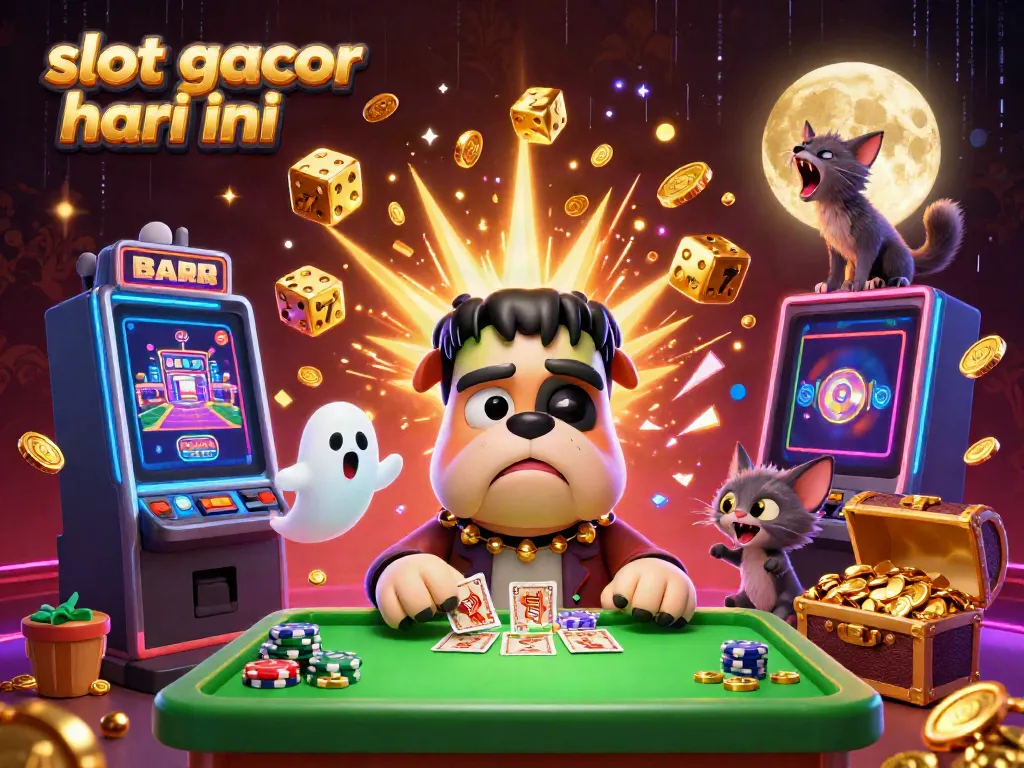 Ilustrasi slot gacor hari ini dengan karakter kartun dan elemen permainan yang dinamis.