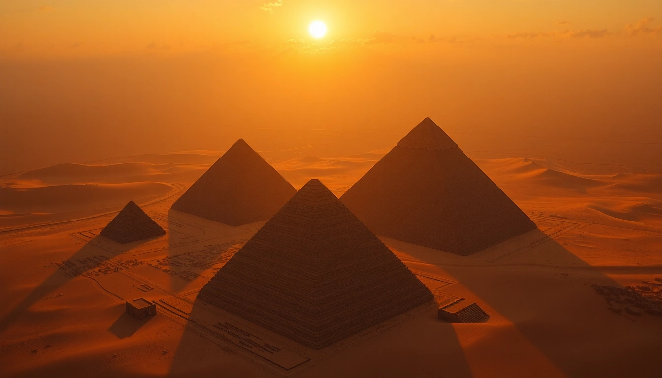 Pyraminds soaring against a golden sunset, showcasing the majestic architecture and ancient stones.