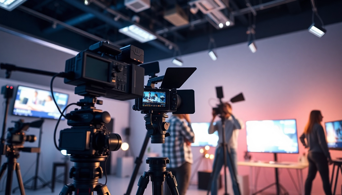 Showcasing a Creative Video Production Agency team at work in a modern studio with professional equipment.