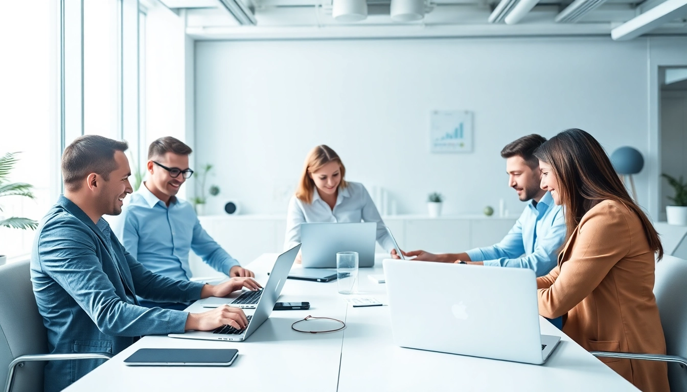 SEO agency team brainstorming innovative strategies in a modern office environment.