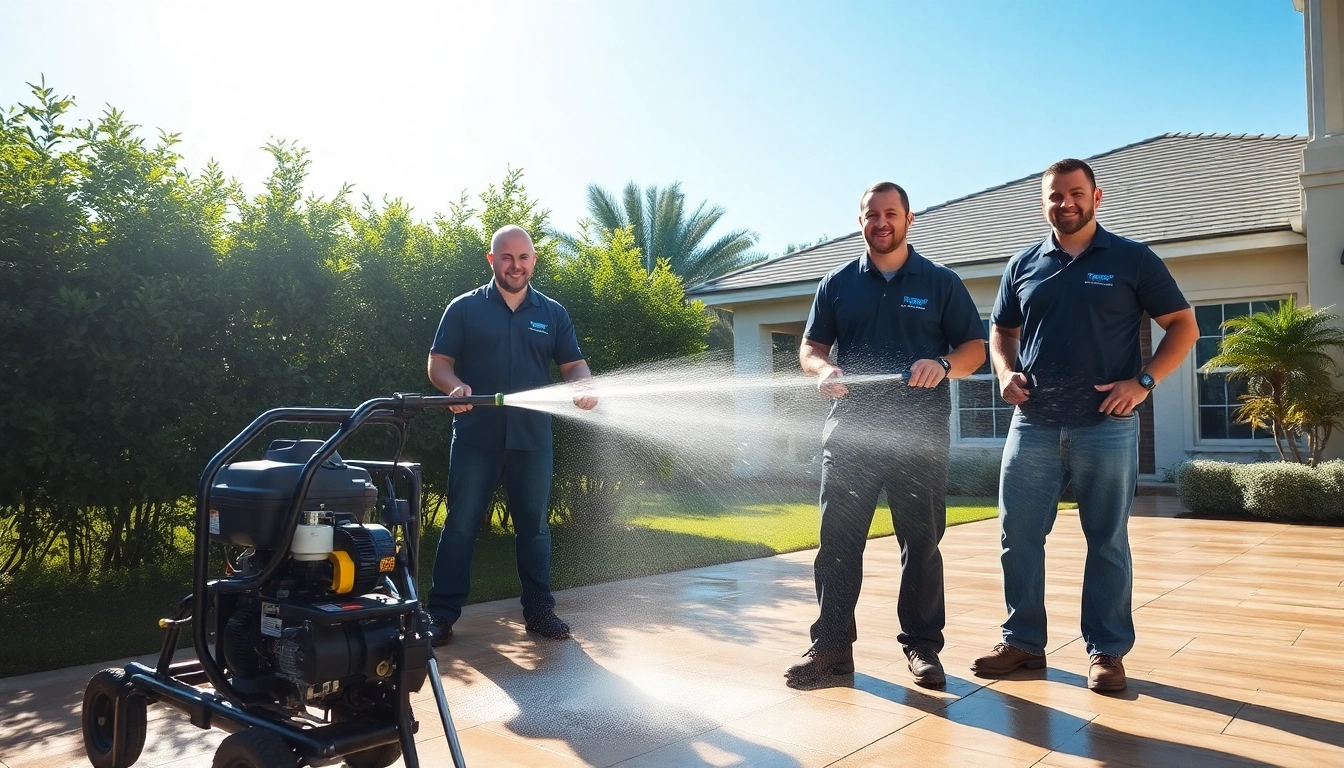 Pressure wash team revitalizing a patio in Kissimmee, FL with eco-safe cleaning techniques.