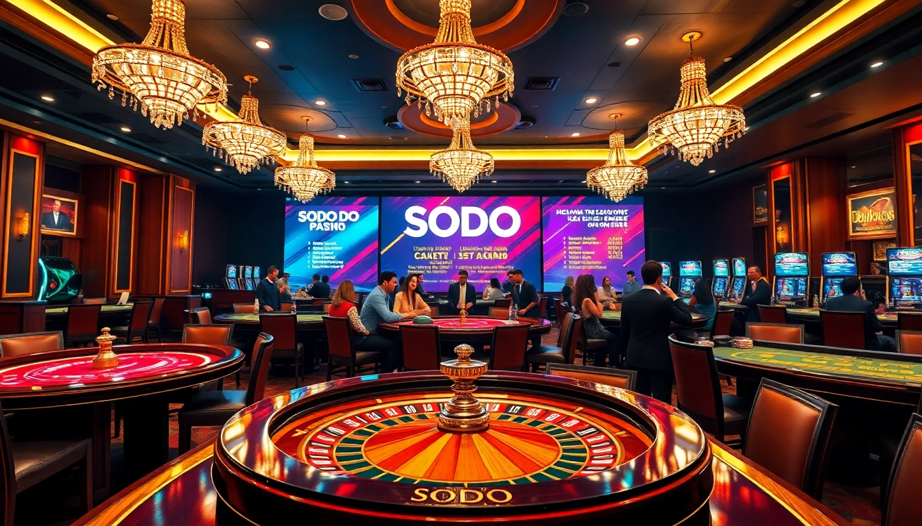 SODO Casino scene featuring players at poker tables with vibrant chips and a roulette wheel.