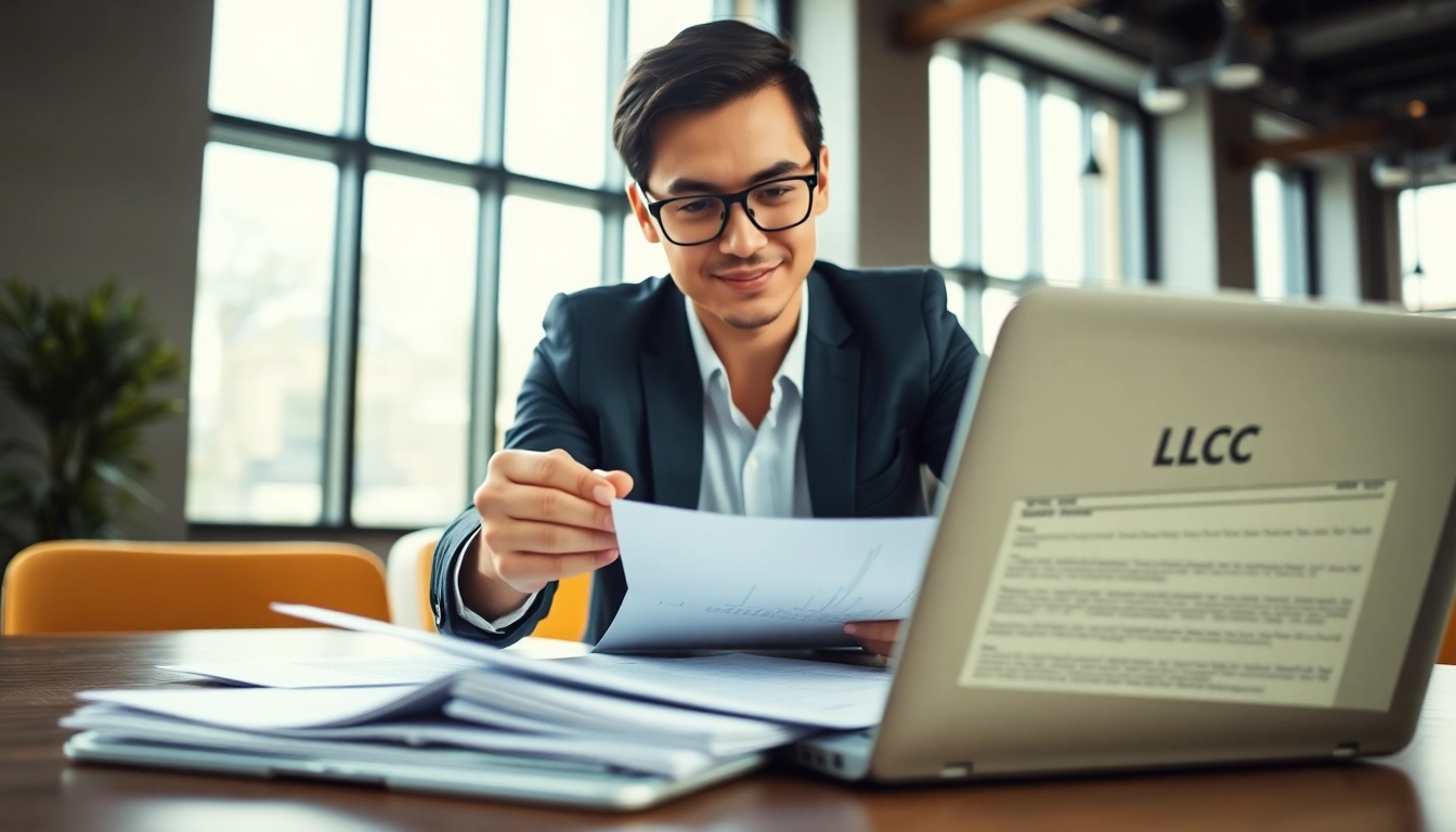 Starting the process of Opening an LLC with essential documentation and technology in a professional setting.