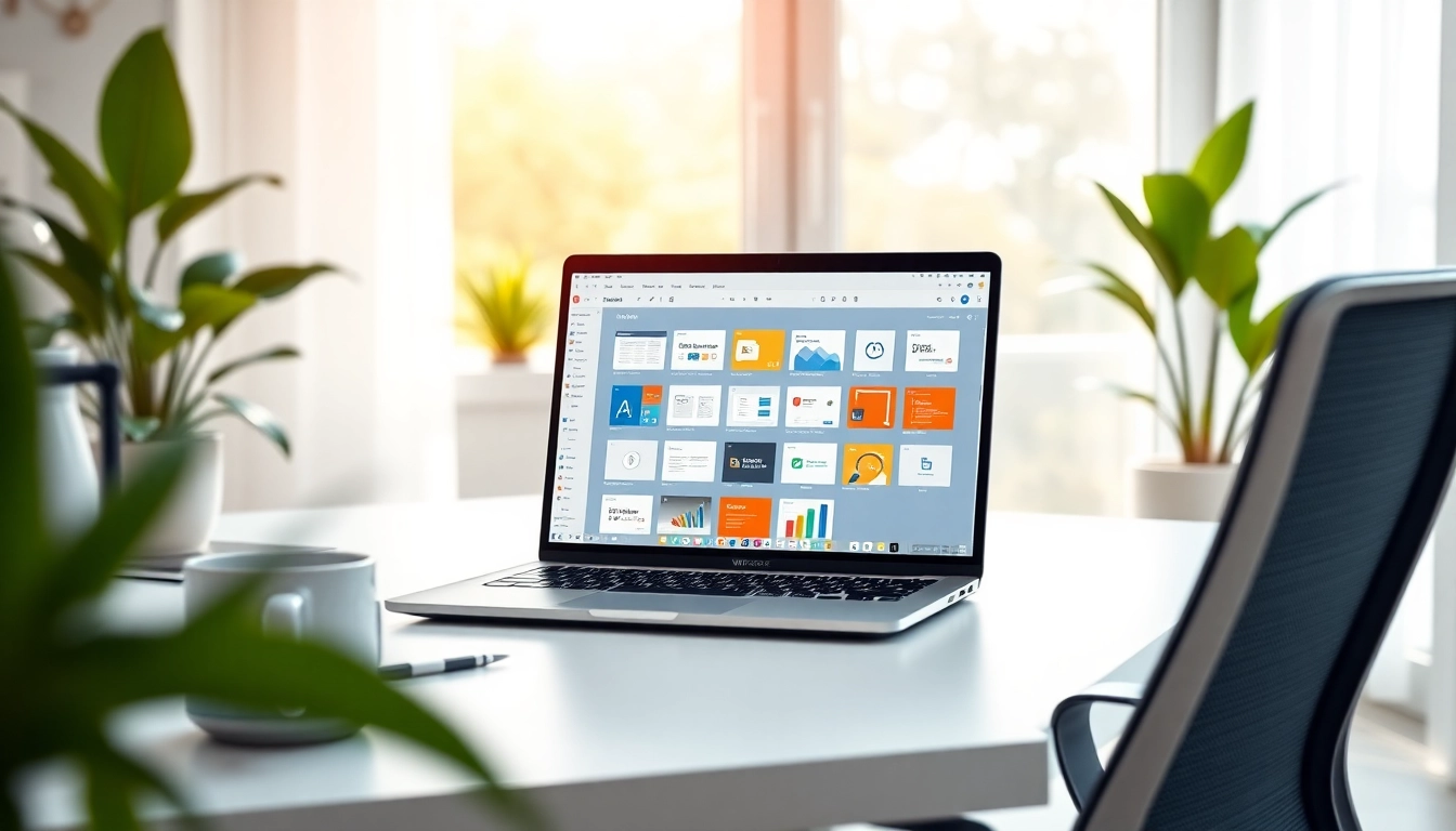 Efficient home office featuring WPS下载 on a modern laptop with a stylish setup.