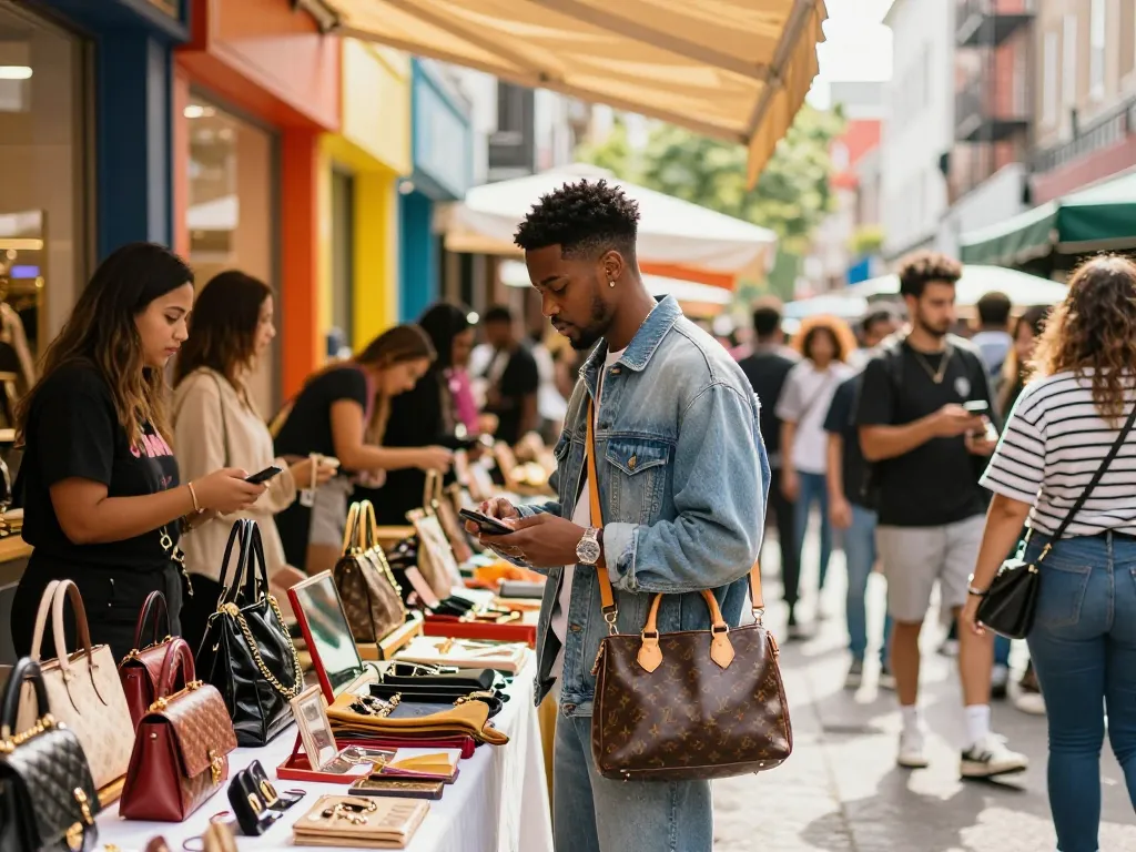 Fashionable individual exploring 레플리카 luxury accessories in a vibrant urban market scene.