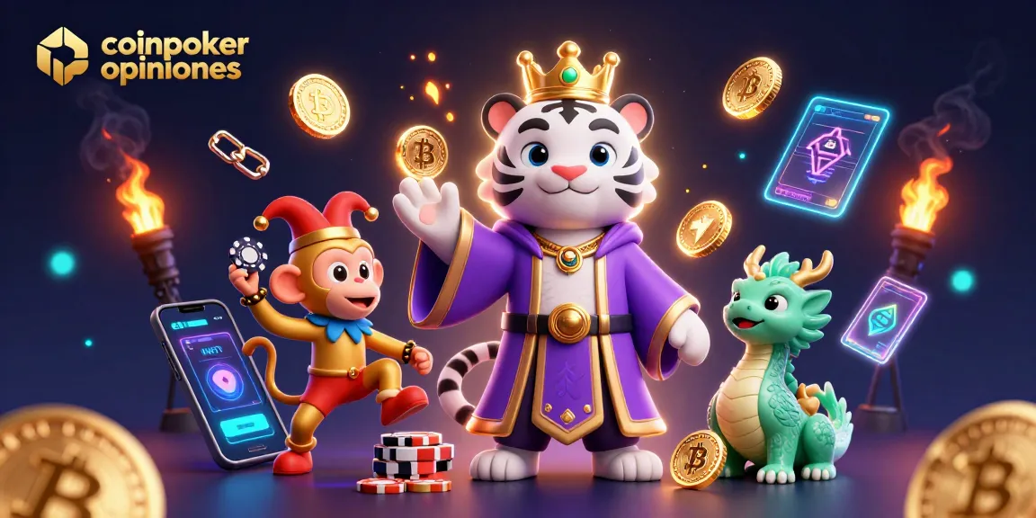 Scopri coinpoker opinioni con una vibrante scena di poker e cripto, featuring tigri e draghi mentre giocano.