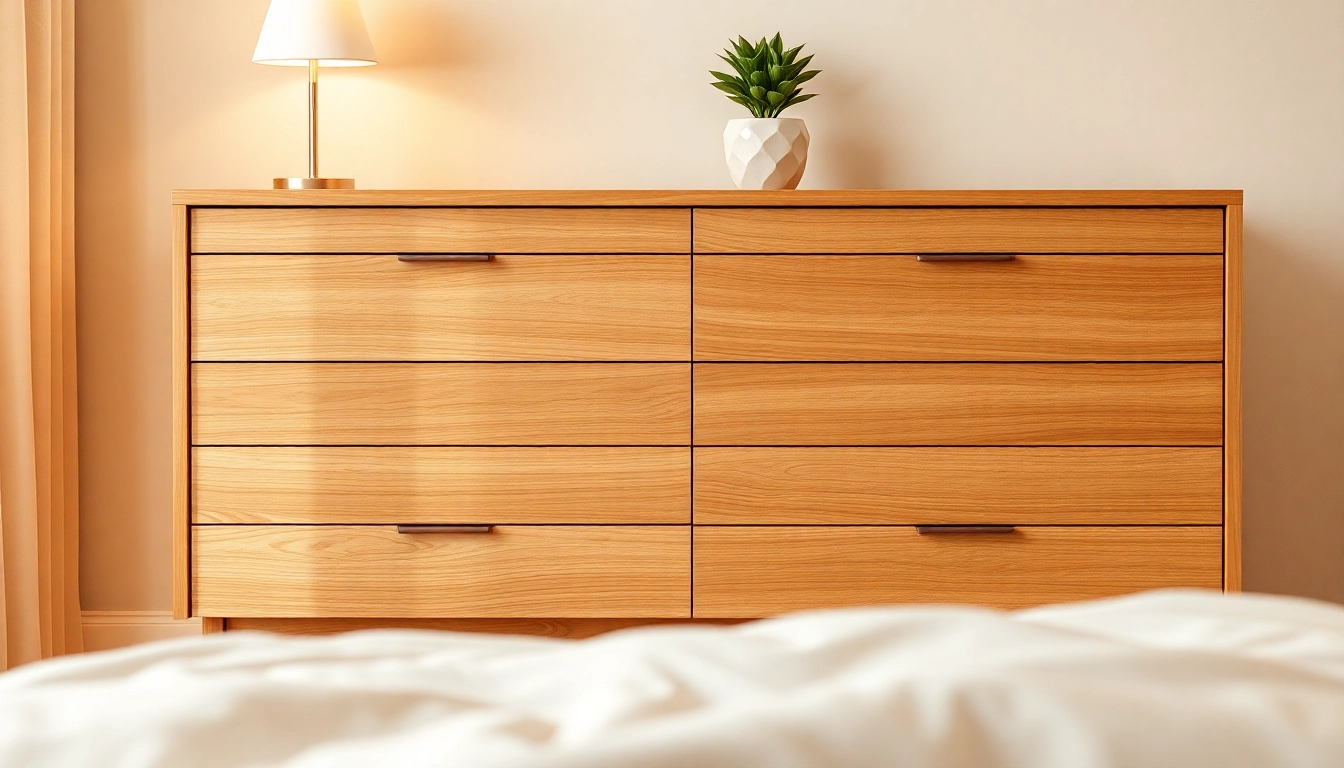 Stylish chest of drawers enhancing a modern bedroom's cozy atmosphere.